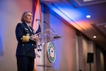 Admiral Linda L. Fagan, Commandant of the Coast Guard, speaks to guests during the 2023 State of the Coast Guard Address in Washington, D.C., Mar. 7, 2023. The State of the Coast Guard Address speaks to the vision for the service. (U. S. Coast Guard photo by Petty Officer 1st Class Brandon Giles)