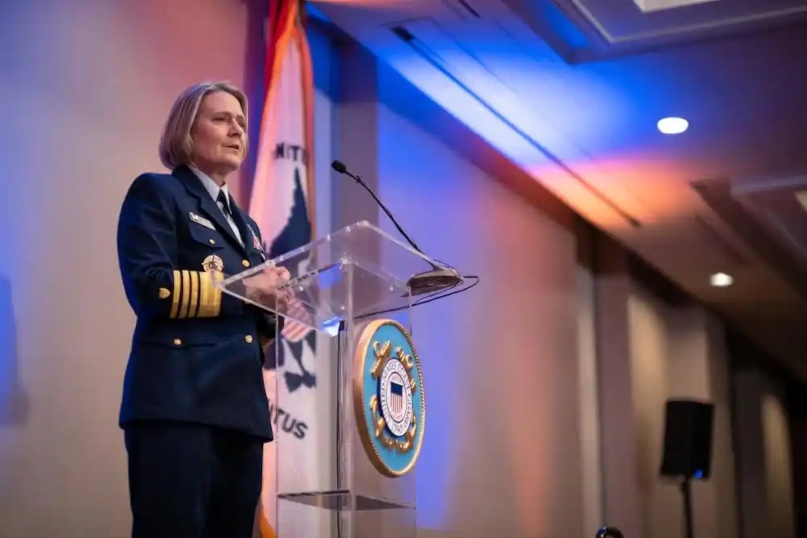 Admiral Linda L. Fagan, Commandant of the Coast Guard, speaks to guests during the 2023 State of the Coast Guard Address in Washington, D.C., Mar. 7, 2023. The State of the Coast Guard Address speaks to the vision for the service. (U. S. Coast Guard photo by Petty Officer 1st Class Brandon Giles)