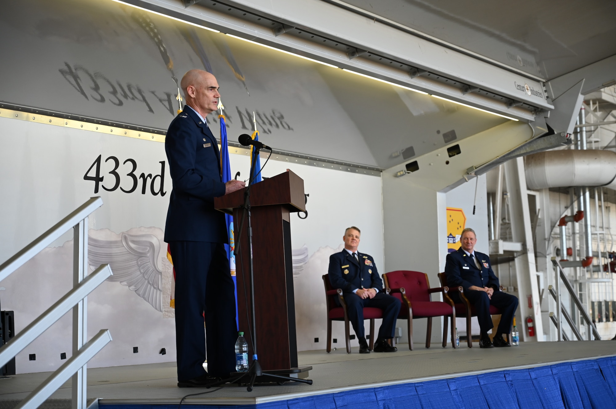 Col. William Gutermuth, 433rd Airlift Wing commander, delivers remarks during a change of command ceremony March 5, 2023, at Joint Base San Antonio-Lackland, Texas. Gutermuth received his commission through the Air Force Officer Training School program in 1992 and directly entered into the Air Force Reserve following undergraduate pilot training at Laughlin Air Force Base, Texas. (U.S. Air Force photo by Master Sgt. Samantha Mathison)