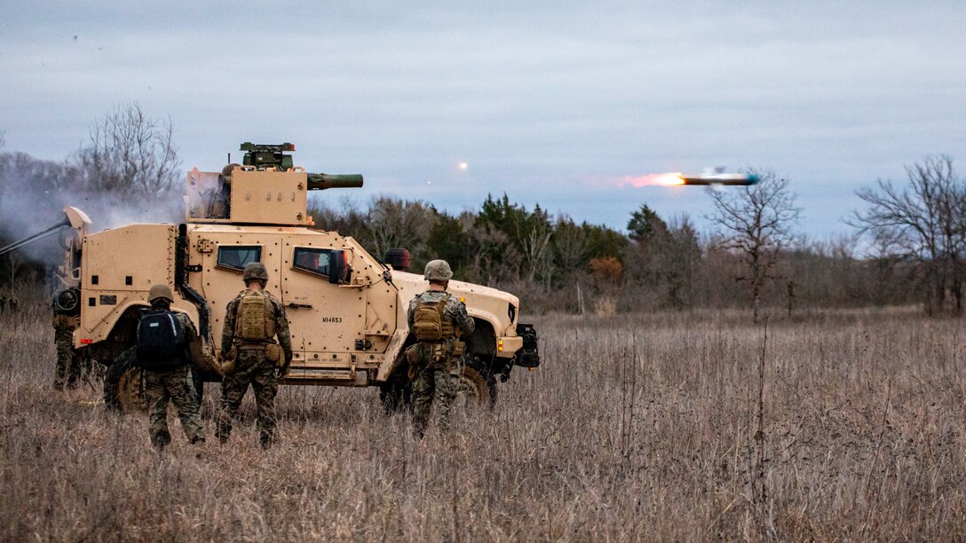 Marines with Anti-Tank Training Company fire TOW Missiles on a JLTV near Fort Smith, Arkansas