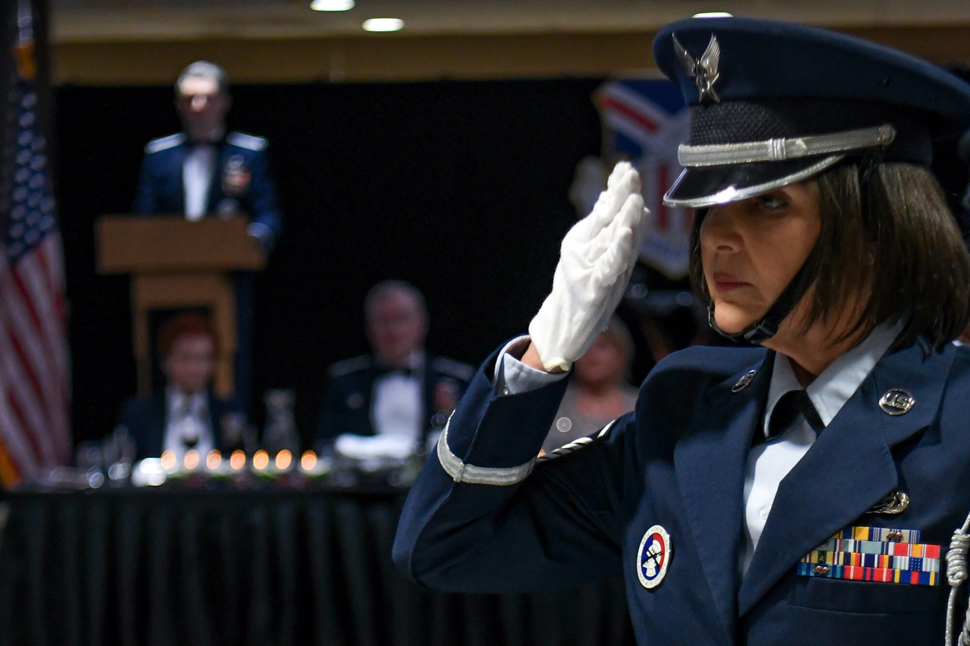 An all-female Honor Guard performs a POW/MIA missing man table ceremony during the 910th Airlift Wing’s annual awards banquet, March 4, 2023, at Youngstown Air Reserve Station, Ohio.