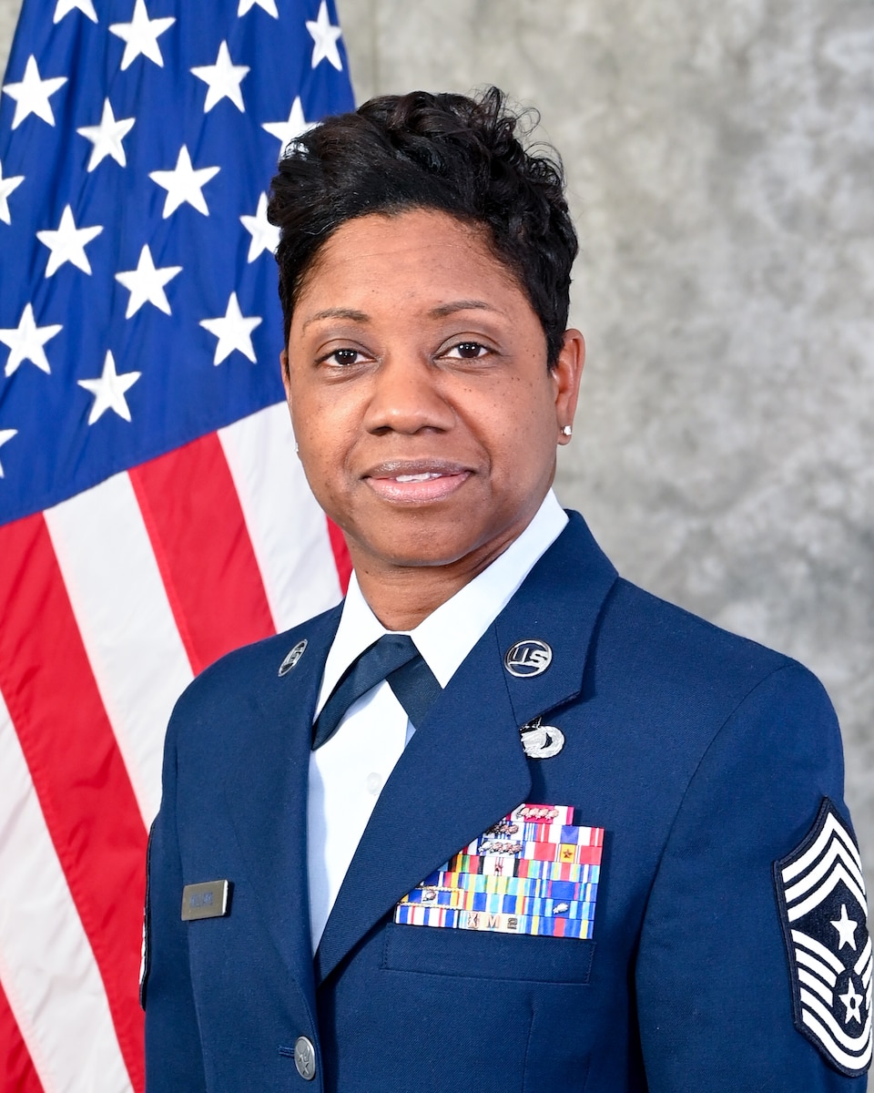 Chief Master Sgt. Takesha Williams poses for an official photo March 30, 2022, at Tinker Air Force Base, Oklahoma. (U.S. Air Force photo by Lauren Kelly)