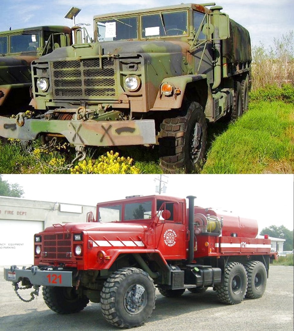 Two photos of a refurbished firetruck.