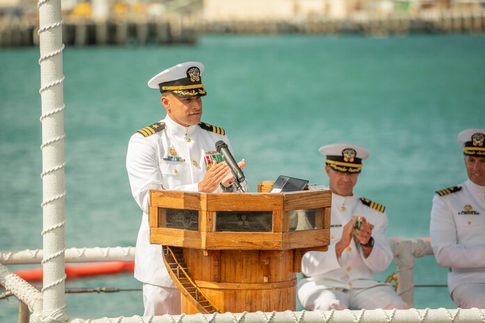 230228-N-NO841-0225 JOINT BASE PEARL HARBOR-HICKAM (Feb. 28, 2023) Cmdr. Gieorag Andrews, incoming commanding officer of Virginia-class attack submarine USS Missouri (SSN 780), delivers a speech during a change of command ceremony for the Missouri on Joint Base Pearl Harbor-Hickam, Hawaii, Feb. 28, 2023. Missouri is the seventh Virginia-class submarine and the fourth U.S. Navy ship to be named for the state of Missouri. (U.S. Navy photo by Torpedoman 3rd Class Tommy Heng)