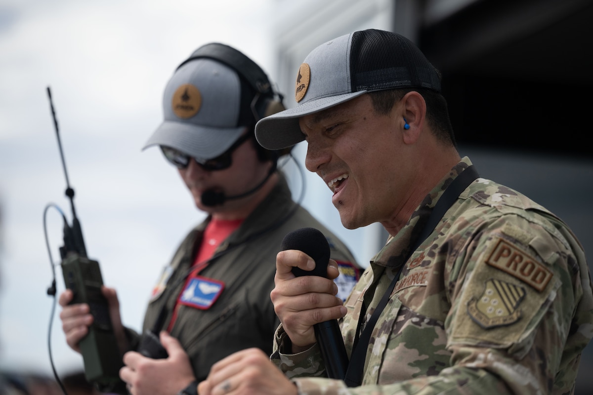 U.S. Air Force Master Sgt. George Fagan, F-22 Raptor Demo Team commentator, speaks to the crowd about the F-22s capabilities during an aerial demonstration at the during the 2023 Australian International Airshow and Aerospace & Defence Exposition—AVALON 23—at Avalon International Airport, March 5, 2023. AVALON 23 is the largest event of its kind in the Southern Hemisphere, attracting aviation and aerospace professions, key defense personnel, aviation enthusiasts and the general public. (U.S. Air Force photo by Tech. Sgt. Hailey Haux)