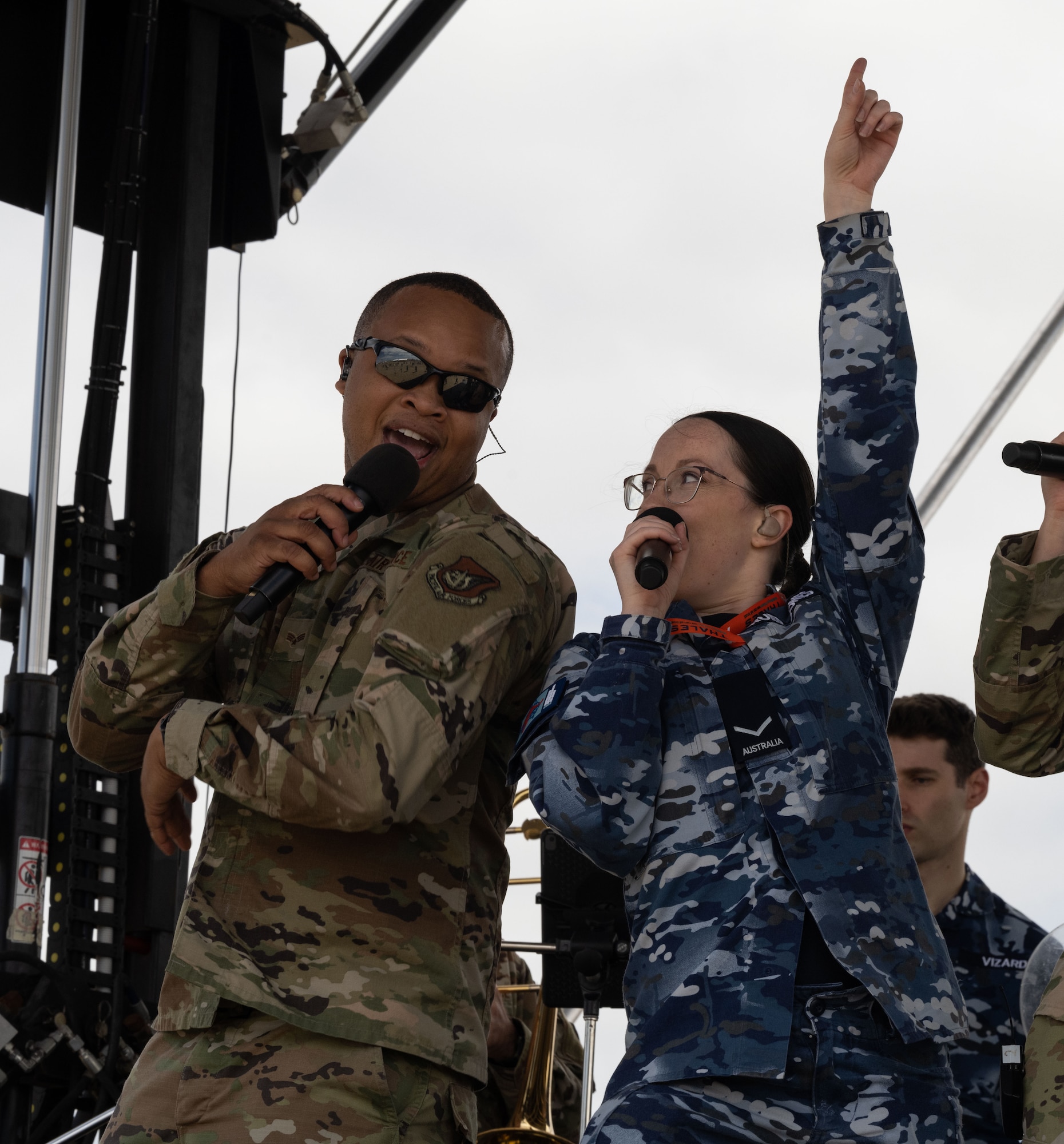 An Airman from the U.S. Air Force Band of the Pacific-Hawaii performs alongside a member of the Royal Australian Air Force band during the 2023 Australian International Airshow and Aerospace & Defence Exposition—AVALON 23—at Avalon International Airport, March 2, 2023. Our steadfast relationship with Australia, deeply rooted in our common principles and shared values, stems from working together day in and day out across the full spectrum of operations and will continue to prosper as we further integrate our efforts through events such as AVALON 23. Through the power and energy of music, the Band of the Pacific’s impressive performances create engaging moments that serve as a demonstration of the excellence displayed by the 46,000 Airmen serving, stationed and deployed throughout the Indo-Pacific. (U.S. Air Force photo by Tech. Sgt. Hailey Haux)