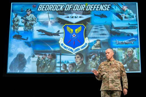Air Force Global Strike Commander Gen. Thomas A. Bussiere speaks on the Air Force Global Strike Command Mission at the Air Force Association Warfare Symposium March 6, 2023.
