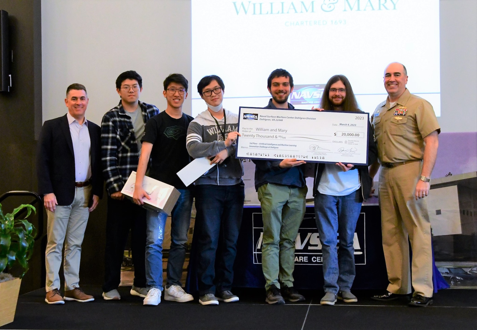 IMAGE: William & Mary (W&M) placed third in the Artificial Intelligence and Machine Learning Innovation Challenge at Dahlgren to earn a prize of $20,000.  Pictured from left to right are: NSWCDD Technical Director Dale Sisson, SES, along with W&M team members Kyle Chen, Kevin Wu, Joseph Lee, Nicholas Wilson, Stephen Hoag and NSWCDD Commanding Officer, Capt. Philip Mlynarski.