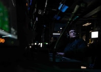 (March 8, 2023) Sonar Technician (surface) 2nd Class Corey Miller scans beams to search for underwater contacts aboard aboard the Arleigh Burke-class guided-missile destroyer USS Arleigh Burke (DDG 51) during exercise Joint Warrior 23-1, March 8, 2023. Arleigh Burke is on a scheduled deployment in the U.S. Naval Forces Europe area of operations, employed by U.S. Sixth Fleet to defend U.S., allied and partner interests.