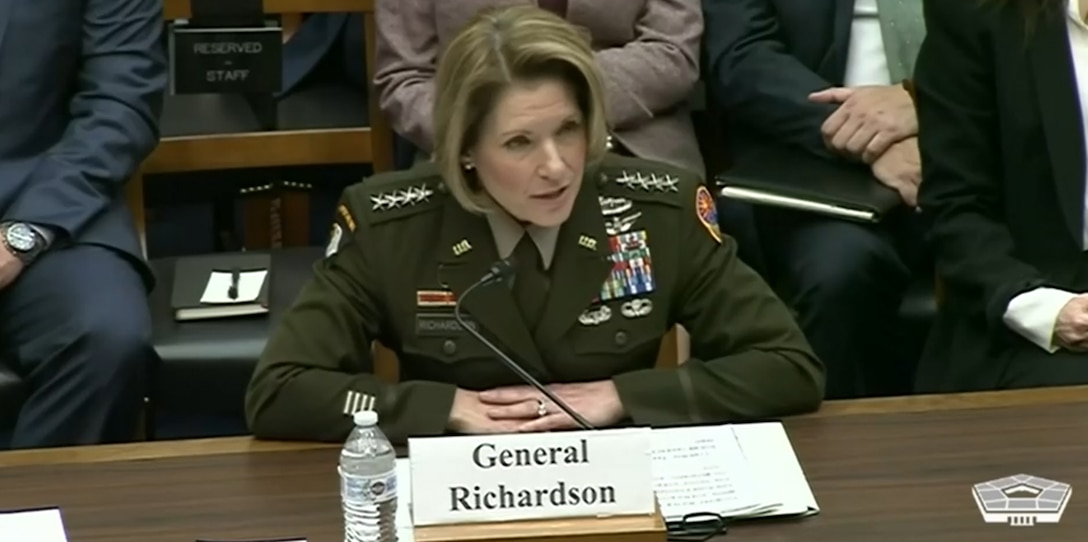 Broadcast screenshot of Gen. Laura Richardson, the commander of U.S. Southern Command, testifying before the House Armed Services Committee March 8, 2023.