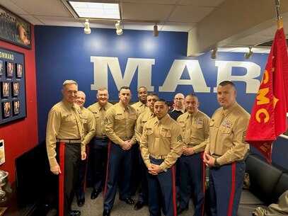 U.S. Marine Corps Major General William J. Bowers, left, Commanding General of Marine Corps Recruiting Command, visits Recruiting Substation Westchester, Recruiting Station Albany, in White Plains, NY, March 9, 2023.