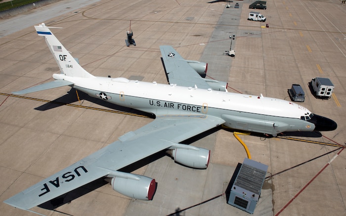 An RC-135 Rivet Joint aircraft parked