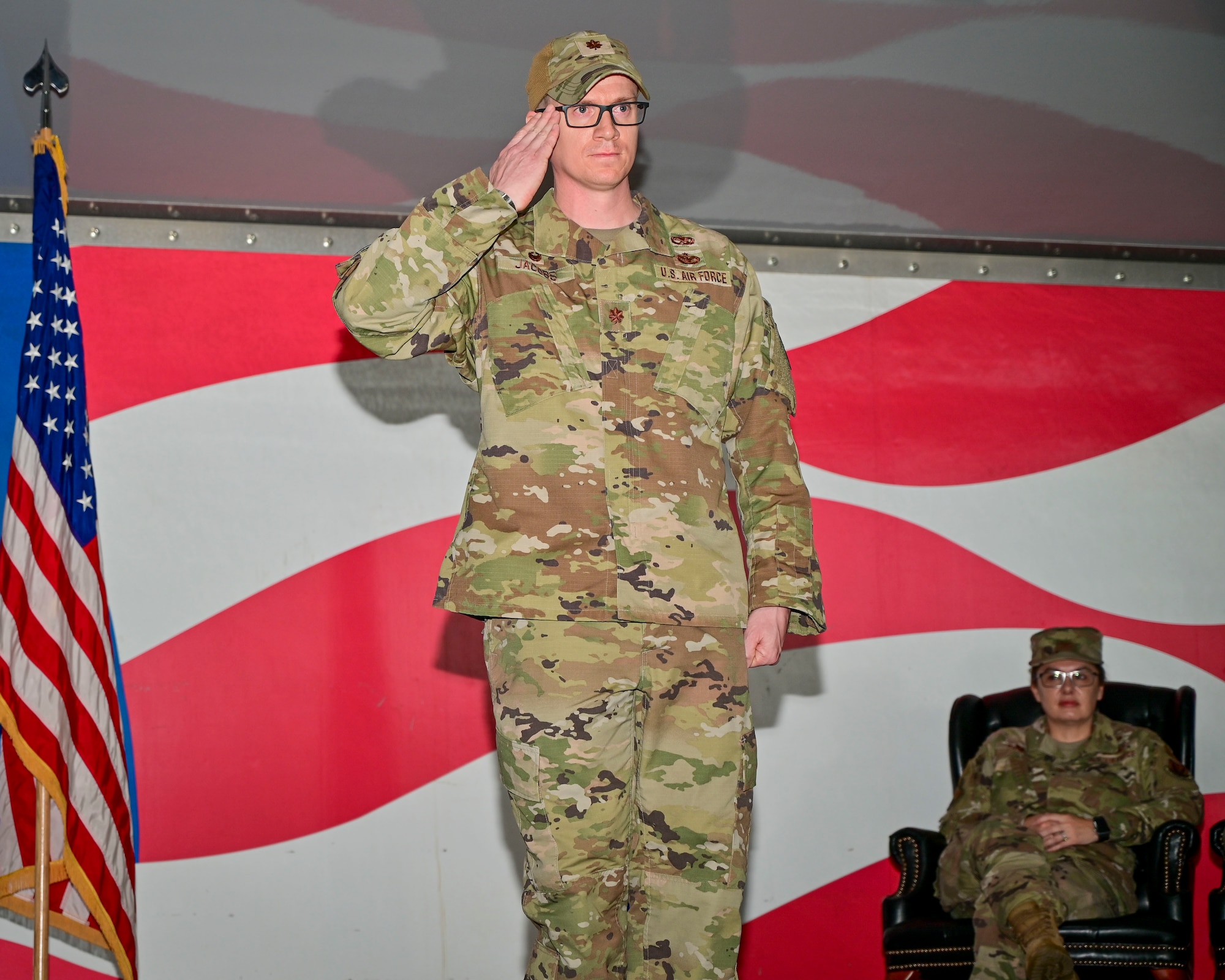 Maj. Jordan Jacobs, 4th Component Maintenance Squadron incoming commander, salutes service members during a change of command ceremony at Seymour Johnson Air Force Base, North Carolina, March 3, 2023. The 4th CMS was established in December 1957. (U.S. Air Force photo by Staff Sgt. Sean Martin)