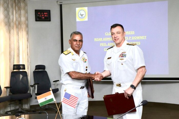 Co-chairs of the 6th JWGACTC—Rear Adm. James P. Downey, program executive officer for aircraft carriers; and Rear Adm. Sandeep Mehta, Assistant Controller Carrier Projects for the Indian Navy—meet in India, from 27 February to 3 March, to exchange information and best practices in the areas of ship construction and maintenance.