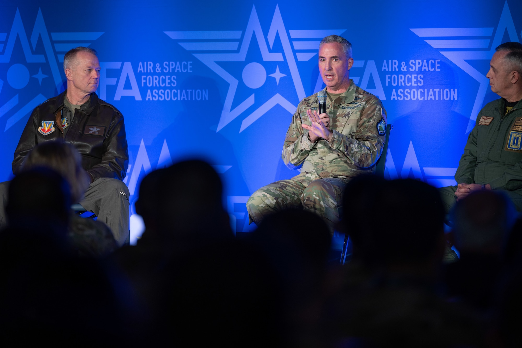 U.S. Space Force Lt. Gen. Stephen Whiting, Commander of Space Operations Command, participates in a panel discussion at the 2023 Air and Space Forces Association Warfare Symposium in Aurora, Colorado, March 7, 2023. Whiting shared the stage with Gen. Mark Kelly, Commander of Air Combat Command, and Italian Lt. Gen. Alberto Biavati, Italian Air Force Operational Forces Commander, for a panel titled "Every Threat a Target." (U.S. Space Force photo by Dave Grim)