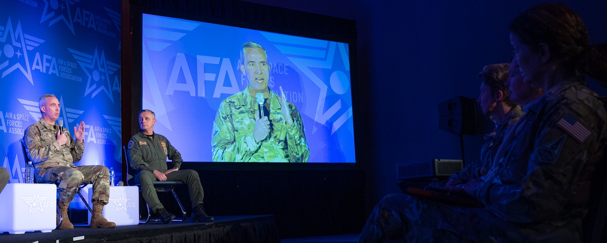 U.S. Space Force Lt. Gen. Stephen Whiting, Commander of Space Operations Command, participates in a panel discussion at the 2023 Air and Space Forces Association Warfare Symposium in Aurora, Colorado, March 7, 2023. Whiting shared the stage with Gen. Mark Kelly, Commander of Air Combat Command, and Italian Lt. Gen. Alberto Biavati, Italian Air Force Operational Forces Commander, for a panel titled "Every Threat a Target." (U.S. Space Force photo by Dave Grim)