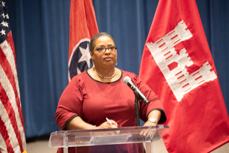 LaTanya Channel, Nashville and Davidson County director of Economic and Small Business Development, addresses participants during the U.S. Army Corps of Engineers Nashville District’s Small Business Industry Day March 6, 2023, at Tennessee State University in Nashville, Tennessee. She expressed her desire to create a pipeline of understanding of how small businesses in the county can make the federal government a customer. (USACE Photo by Lee Roberts)