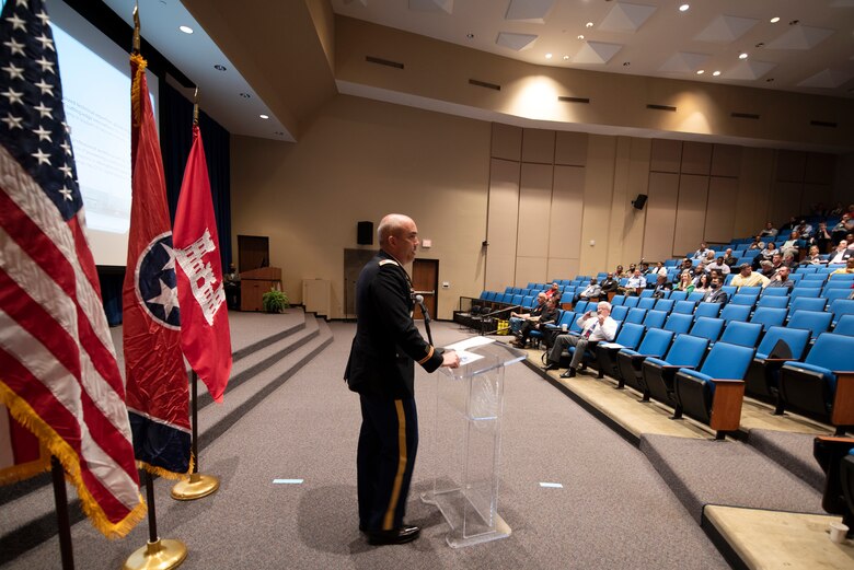 Col. Sebastien Joly, U.S. Army Engineering and Support Center commander in Huntsville, Alabama, speaks about the center’s contracting opportunities with participants during the U.S. Army Corps of Engineers Nashville District’s Small Business Industry Day March 6, 2023, at Tennessee State University in Nashville, Tennessee. (USACE Photo by Lee Roberts)