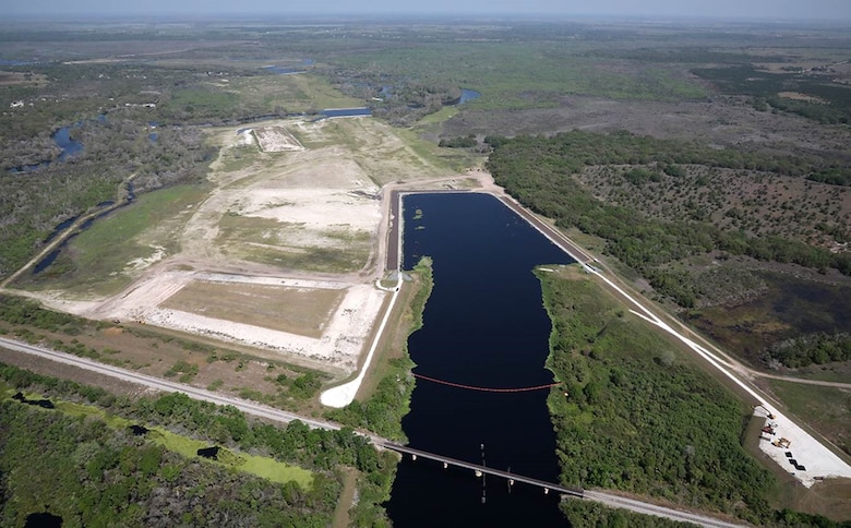 Looking north at the S-69 Weir water control structure within the restored Kissimmee River floodplain.