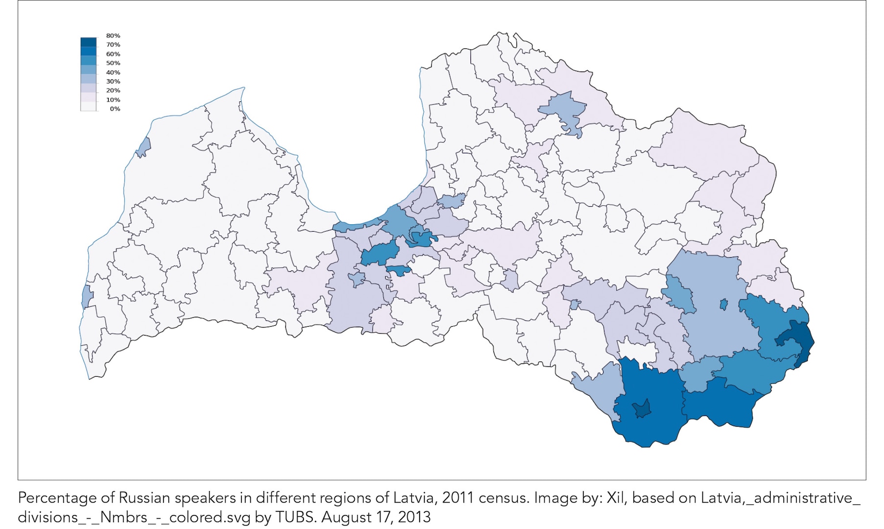 Percentage of Russian speakers in different regions of Latvia, 2011 census. Image by: Xil, based on Latvia,_administrative_
divisions_-_Nmbrs_-_colored.svg by TUBS. August 17, 2013