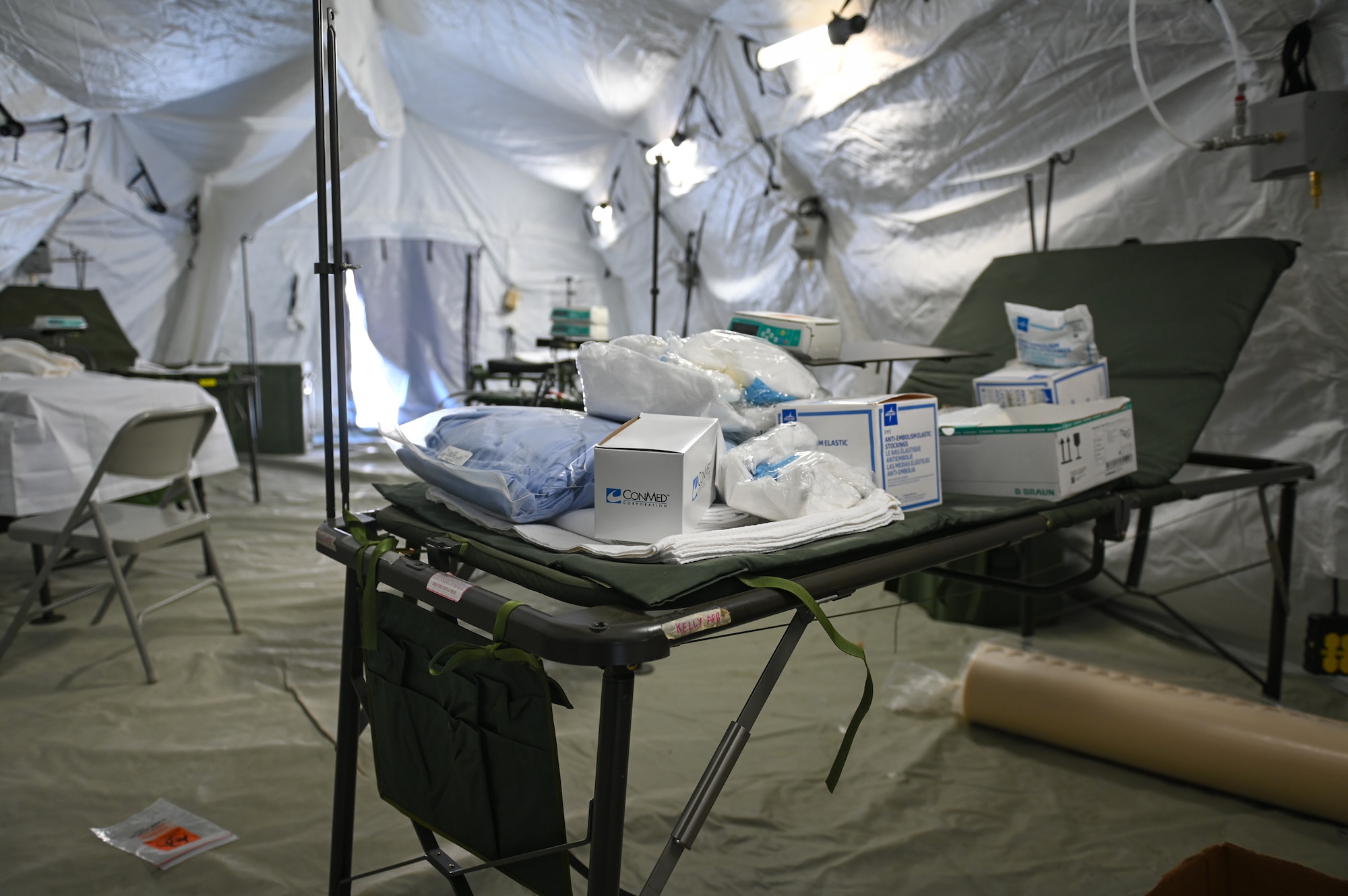 Medical equipment is stored in a tent at the field hospital on the grounds of Mustafa Kemal University in Serinyol, Hatay, Türkiye, March 7, 2023.