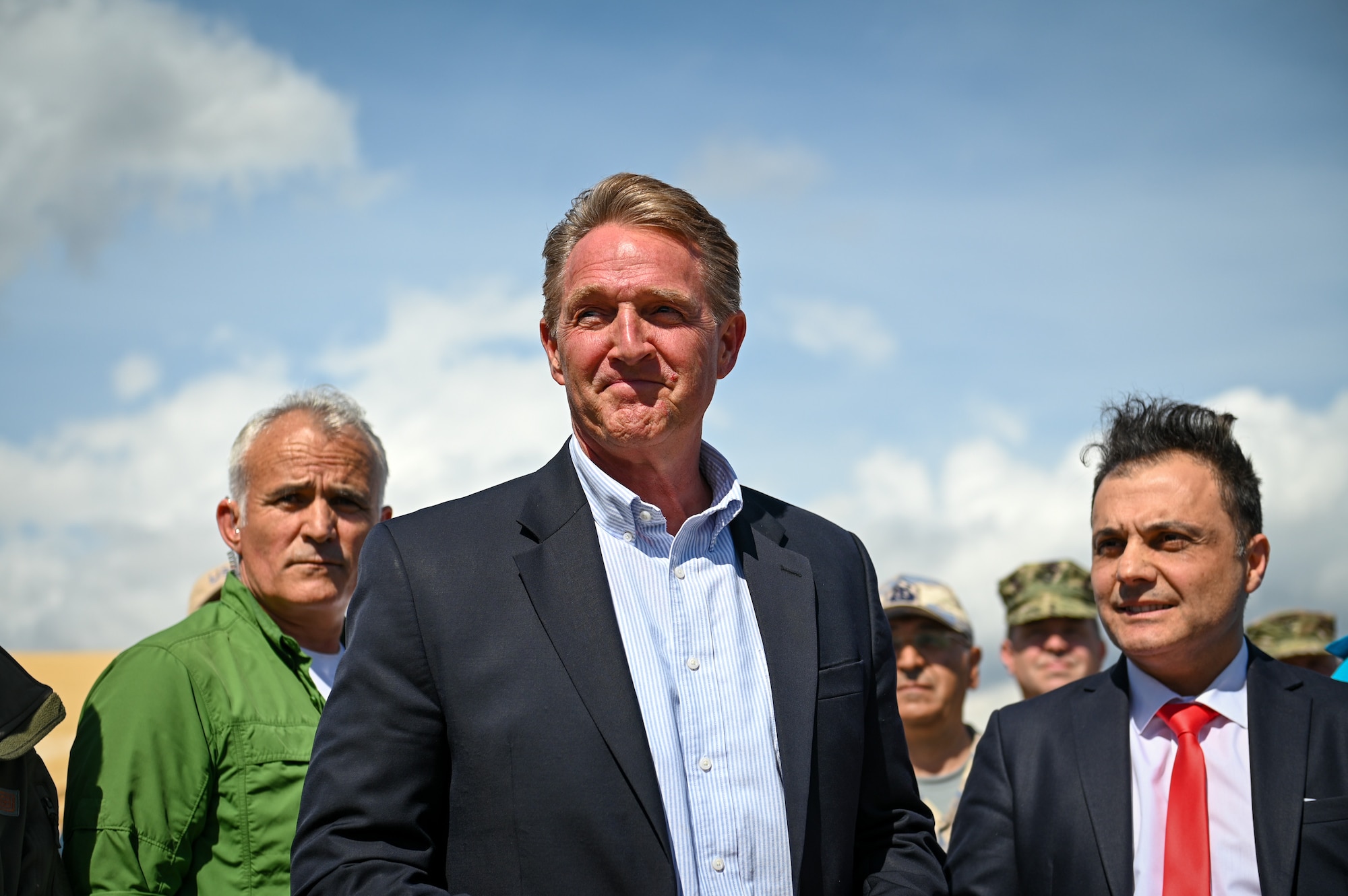 Ambassador Jeffry Flake, U.S. Ambassador to Türkiye, departs the field hospital on the grounds of Mustafa Kemal University in Serinyol, Hatay, Türkiye, March 7, 2023.