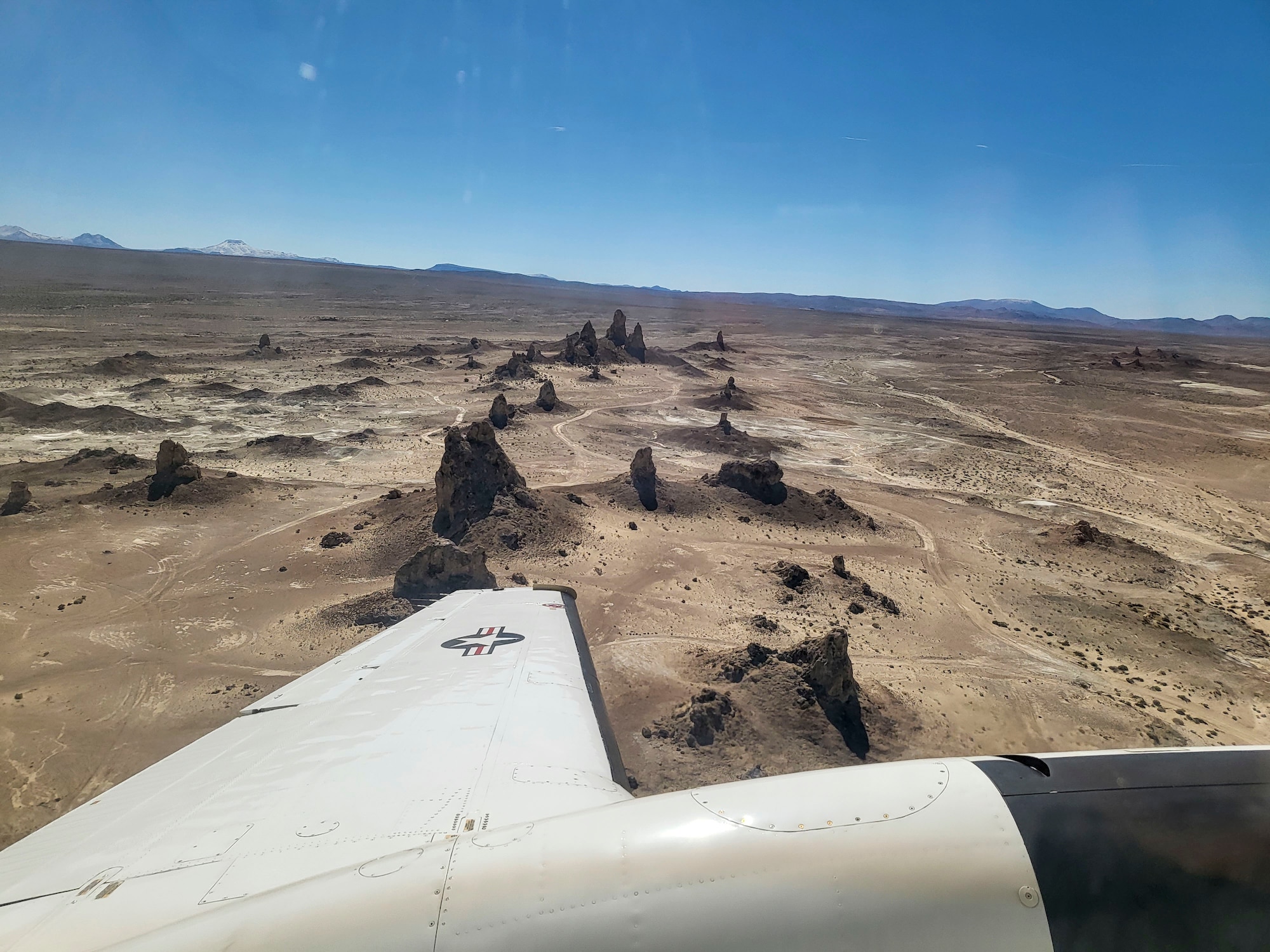 Trona Pinnacles, a geological feature in the California Desert National Conservation Area, can be seen during the Sidewinder low level flight survey through the Southern California wilderness.