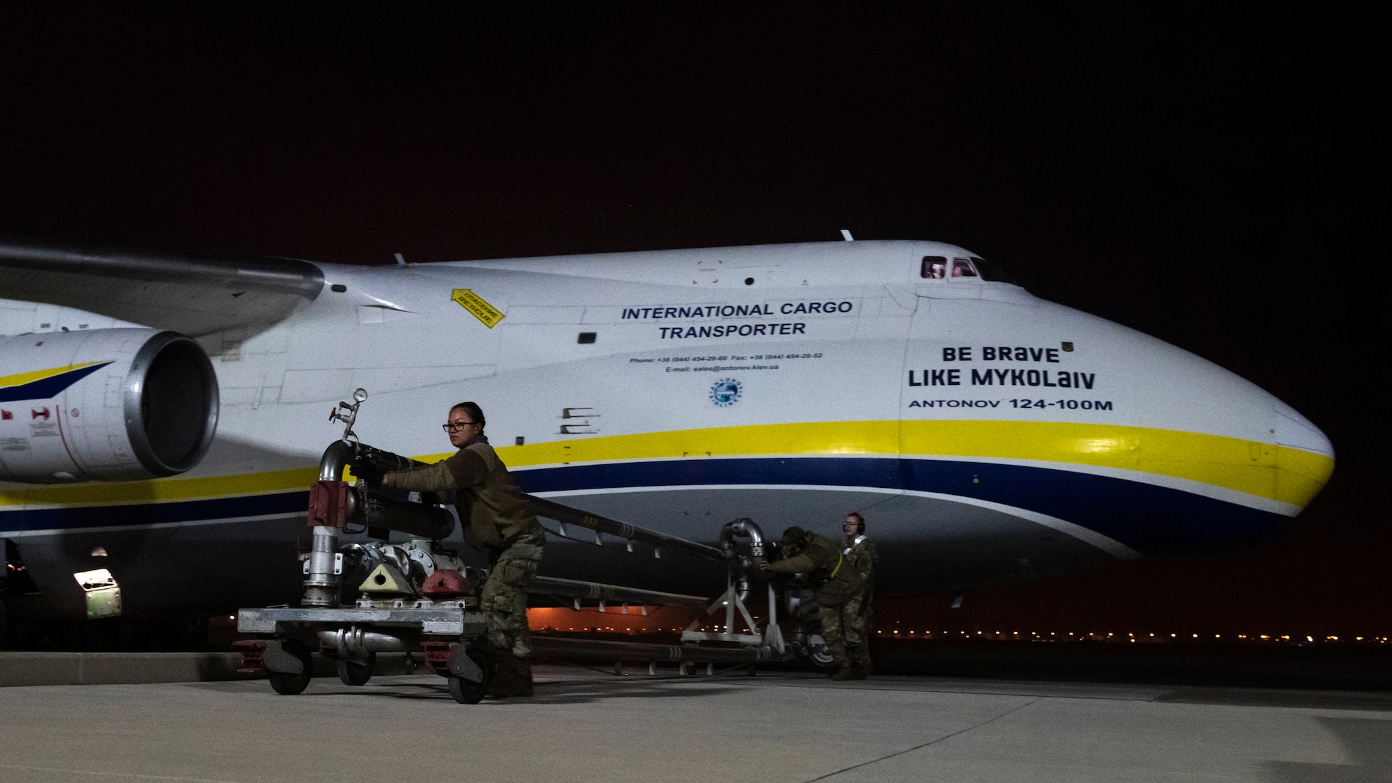 U.S. Air Force Airman 1st Class Clarissa Muñoz, Airman 1st Class Brenan Grape, both fuels distribution operators assigned to the 39th Logistics Readiness Squadron, and Staff Sgt. Benjamin Moran, fuels distribution supervisor also with the 39th LRS, refuel a Ukrainian Antonov Airlines AN-124 Ruslan heavy transport aircraft in support of Turkish government earthquake relief operations March 3, 2023, at Incirlik Air Base, Türkiye. U.S. military organizations are working with interagency colleagues to harness the unique capabilities available to assist those affected by the February 6 earthquakes. The U.S. military’s role during these relief missions is to rapidly respond to this natural disaster with critical support capabilities and life-saving equipment, transporting assistance for aid areas the government of Türkiye deems most necessary. (U.S. Air Force photo by Staff Sgt. Peter Reft)