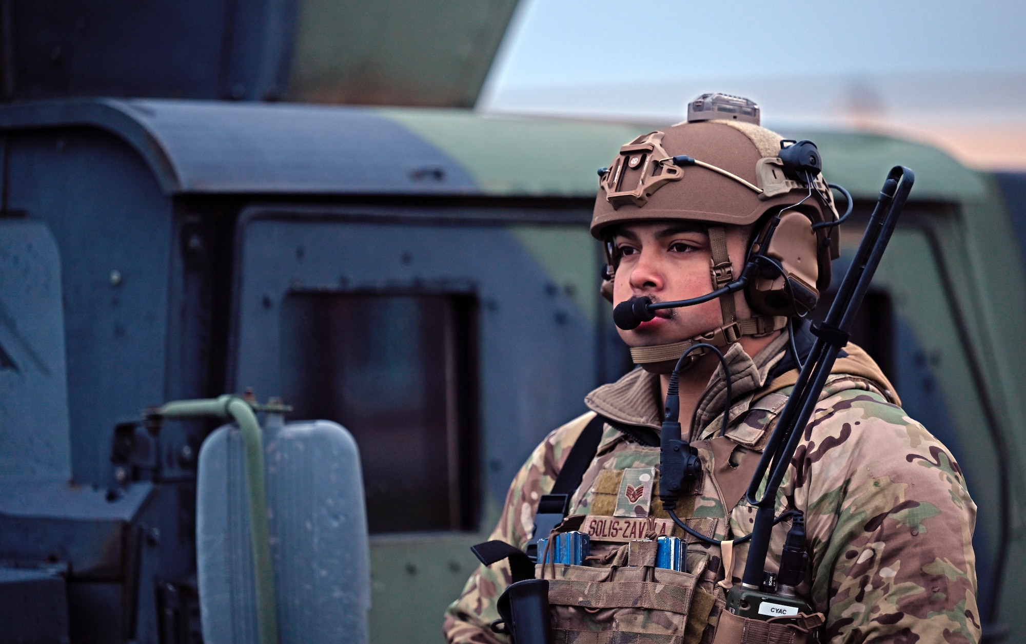 U.S. Air Force Staff Sgt. Jesus Solis-Zavala, 435th Security Forces Squadron contingency response team member, provides security during Exercise Agile Bison 23-1 at Chièvres Air Base, Belgium, March 7, 2023. As the sole unit in U.S. Air Forces in Europe and Air Forces Africa that provides expeditionary airfields on demand, the 435th Contingency Response Group utilizes and deploys small specialized teams throughout both continents to successfully implement their mission.