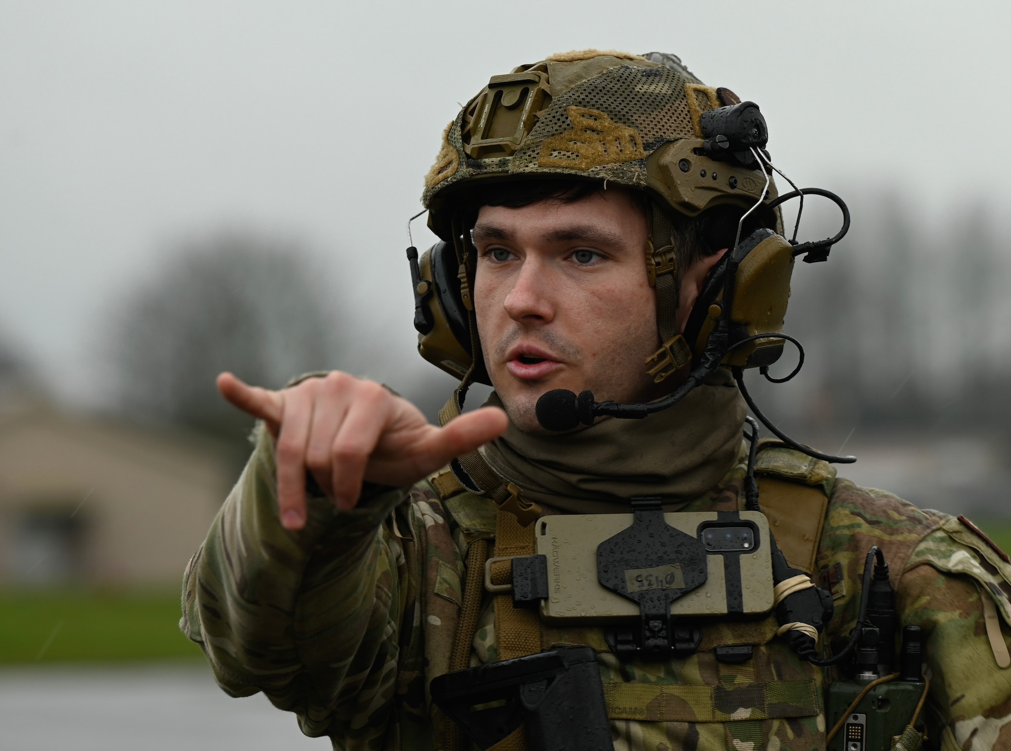 U.S. Air Force Tech. Sgt. Trevor Coady, 435th Security Forces Squadron team chief, briefs his team on a mission objective during Exercise Agile Bison 23-1 at Chièvres Air Base, Belgium, March 7, 2023. His mission was to conduct an assault, with a four-man team, on an objective which is a short, violent, but well-ordered attack against an enemy.