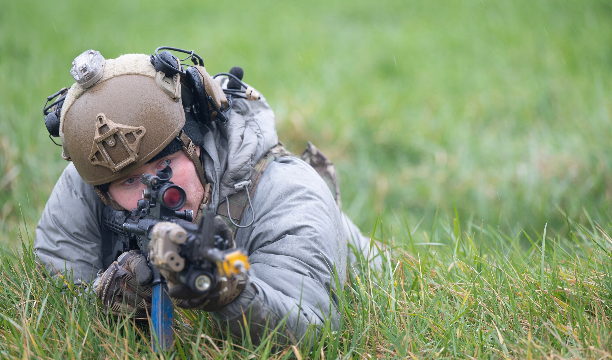 U.S. Air Force Senior Airman Devin Jodway, 435th Security Forces Squadron team member, conducts battle drills during a deliberate attack drill as part of Exercise Agile Bison 23-1 at Chièvres Air Base, Belgium, March 7, 2023. The 435th SFS mission is to secure, protect and defend Air Force weapons systems, air base assets, personnel and resources.