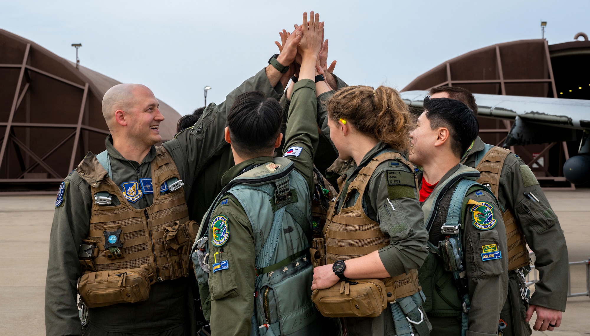 U.S. Air Force 25th Fighter Squadron pilots greet Republic of Korea pilots, assigned to the 102nd FS after completing Buddy Squadron 23-2 at Osan Air Base, Republic of Korea, March 8, 2023.