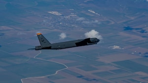 A B-52H Stratofortress assigned to the 23rd Expeditionary Bomb Squadron, flies over the United States European Command Area of Operation during a Bomber Task Force mission March 9, 2023.
