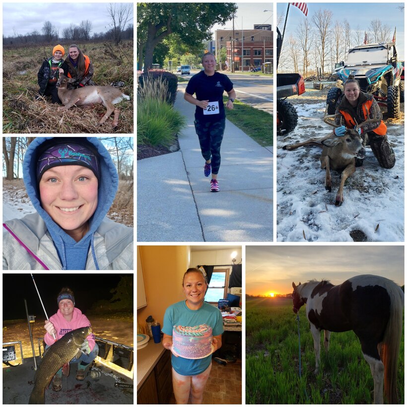 Collection of images showing Angie Wilbur with her husband, son and their animals.