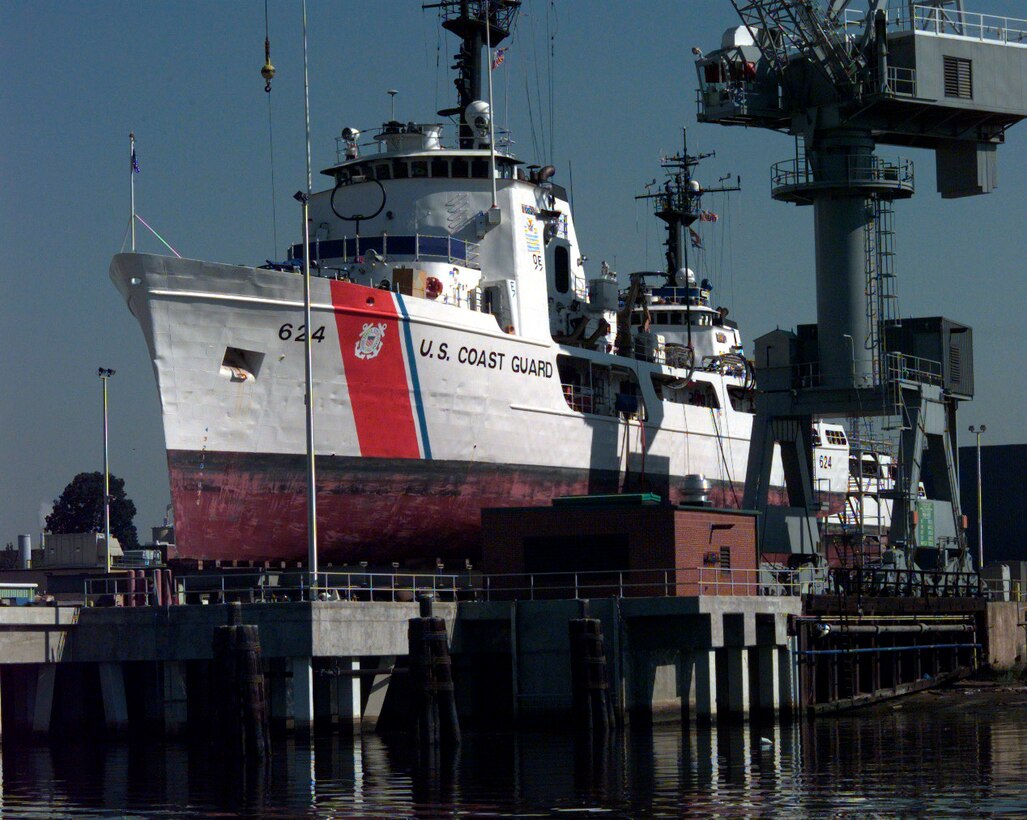 The U.S. Coast Guard Cutter Dauntless (WMEC 624) up in dry dock at the Coast Guard Yard.