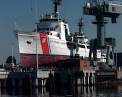 The U.S. Coast Guard Cutter Dauntless (WMEC 624) up in dry dock at the Coast Guard Yard.