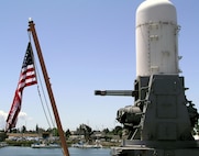 An MK15, 20mm Close-In Weapons System (CIWS) onboard a U.S. Coast Guard High Endurance Cutter, is ready to take aim against air targets, on May 8, 2004.