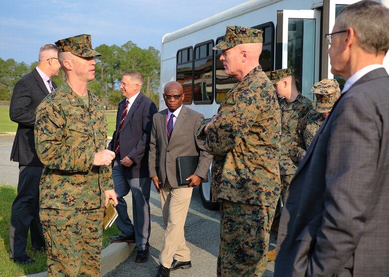 Lt. Gen. Edward D. Banta, deputy commandant, Installations and Logistics Division, took a tour of some facilities and assets at Marine Corps Logistics Base Albany, March 9. The tour included the barracks, Marine Corps Exchange, Commissary and Cpl. Dustin Jerome Lee Kennel. He also heard about upcoming projects including fuel and electric vehicle infrastructure expansions and improvements, and a future endurance course. (U.S. Marine Corps photo by Jennifer Parks)