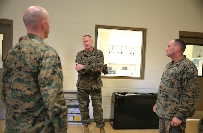 Lt. Gen. Edward D. Banta, deputy commandant, Installations and Logistics Division, took a tour of some facilities and assets at Marine Corps Logistics Base Albany, March 9. The tour included the barracks, Marine Corps Exchange, Commissary and Cpl. Dustin Jerome Lee Kennel. He also heard about upcoming projects including fuel and electric vehicle infrastructure expansions and improvements, and a future endurance course. (U.S. Marine Corps photo by Jennifer Parks)