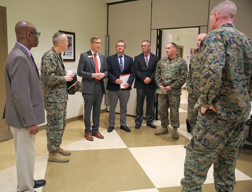 Lt. Gen. Edward D. Banta, deputy commandant, Installations and Logistics Division, took a tour of some facilities and assets at Marine Corps Logistics Base Albany, March 9. The tour included the barracks, Marine Corps Exchange, Commissary and Cpl. Dustin Jerome Lee Kennel. He also heard about upcoming projects including fuel and electric vehicle infrastructure expansions and improvements, and a future endurance course. (U.S. Marine Corps photo by Jennifer Parks)