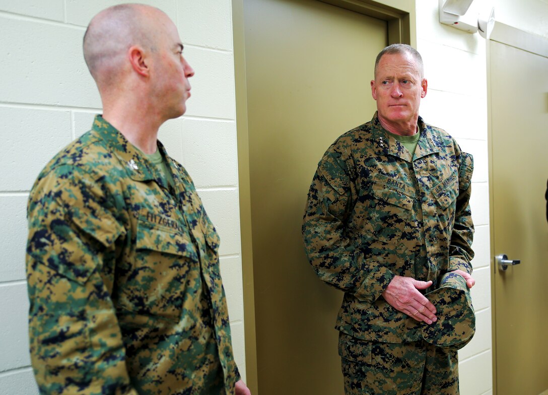 Lt. Gen. Edward D. Banta, deputy commandant, Installations and Logistics Division, took a tour of some facilities and assets at Marine Corps Logistics Base Albany, March 9. The tour included the barracks, Marine Corps Exchange, Commissary and Cpl. Dustin Jerome Lee Kennel. He also heard about upcoming projects including fuel and electric vehicle infrastructure expansions and improvements, and a future endurance course. (U.S. Marine Corps photo by Jennifer Parks)