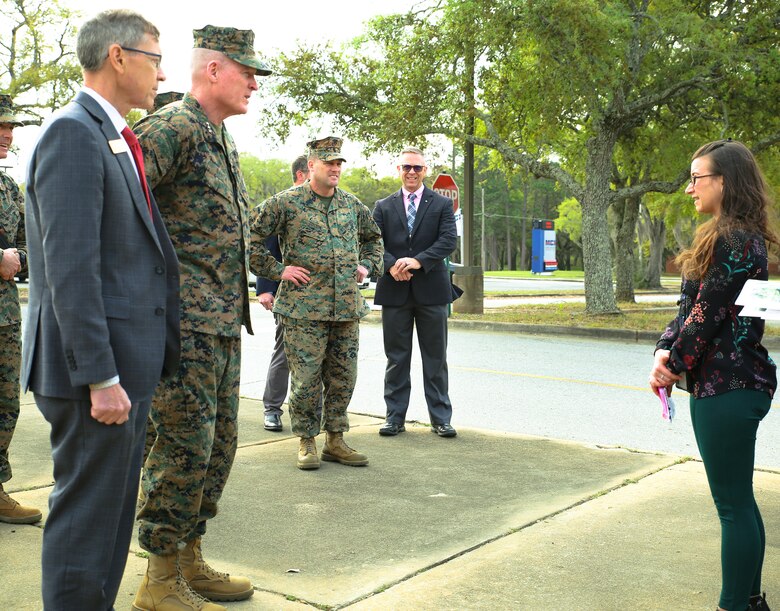 Lt. Gen. Edward D. Banta, deputy commandant, Installations and Logistics Division, took a tour of some facilities and assets at Marine Corps Logistics Base Albany, March 9. The tour included the barracks, Marine Corps Exchange, Commissary and Cpl. Dustin Jerome Lee Kennel. He also heard about upcoming projects including fuel and electric vehicle infrastructure expansions and improvements, and a future endurance course. (U.S. Marine Corps photo by Jennifer Parks)