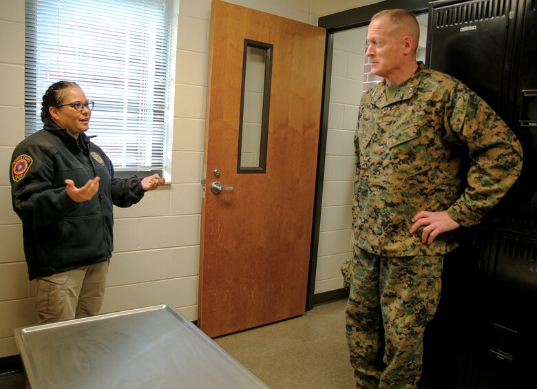 Lt. Gen. Edward D. Banta, deputy commandant, Installations and Logistics Division, took a tour of some facilities and assets at Marine Corps Logistics Base Albany, March 9. The tour included the barracks, Marine Corps Exchange, Commissary and Cpl. Dustin Jerome Lee Kennel. He also heard about upcoming projects including fuel and electric vehicle infrastructure expansions and improvements, and a future endurance course. (U.S. Marine Corps photo by Jennifer Parks)