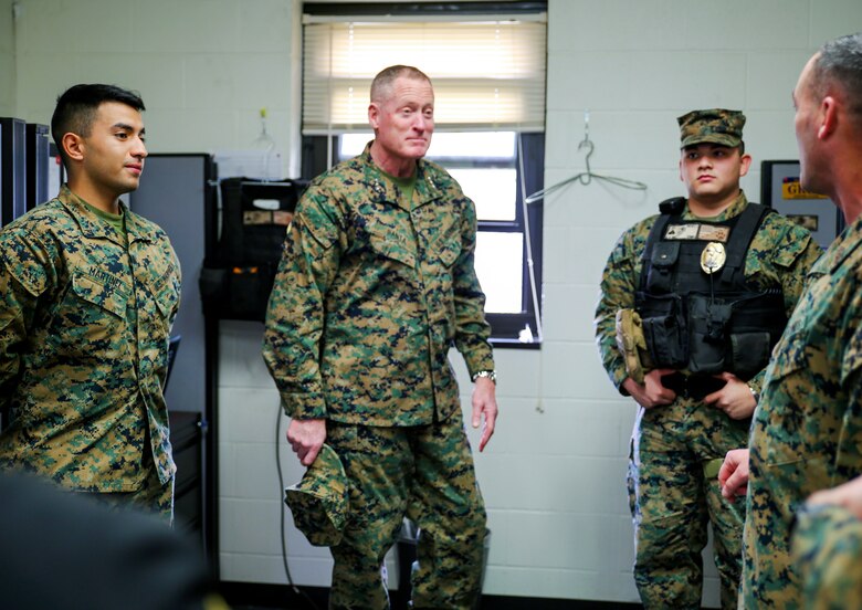 Lt. Gen. Edward D. Banta, deputy commandant, Installations and Logistics Division, took a tour of some facilities and assets at Marine Corps Logistics Base Albany, March 9. The tour included the barracks, Marine Corps Exchange, Commissary and Cpl. Dustin Jerome Lee Kennel. He also heard about upcoming projects including fuel and electric vehicle infrastructure expansions and improvements, and a future endurance course. (U.S. Marine Corps photo by Jennifer Parks)