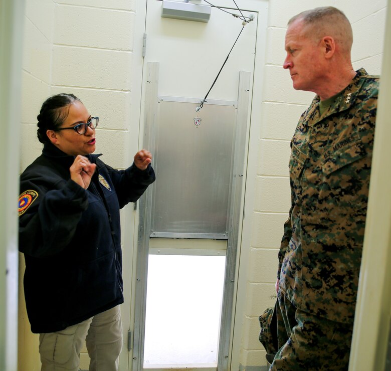 Lt. Gen. Edward D. Banta, deputy commandant, Installations and Logistics Division, took a tour of some facilities and assets at Marine Corps Logistics Base Albany, March 9. The tour included the barracks, Marine Corps Exchange, Commissary and Cpl. Dustin Jerome Lee Kennel. He also heard about upcoming projects including fuel and electric vehicle infrastructure expansions and improvements, and a future endurance course. (U.S. Marine Corps photo by Jennifer Parks)