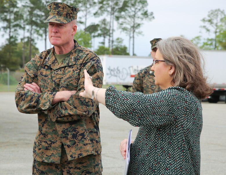 Lt. Gen. Edward D. Banta, deputy commandant, Installations and Logistics Division, took a tour of some facilities and assets at Marine Corps Logistics Base Albany, March 9. The tour included the barracks, Marine Corps Exchange, Commissary and Cpl. Dustin Jerome Lee Kennel. He also heard about upcoming projects including fuel and electric vehicle infrastructure expansions and improvements, and a future endurance course. (U.S. Marine Corps photo by Jennifer Parks)