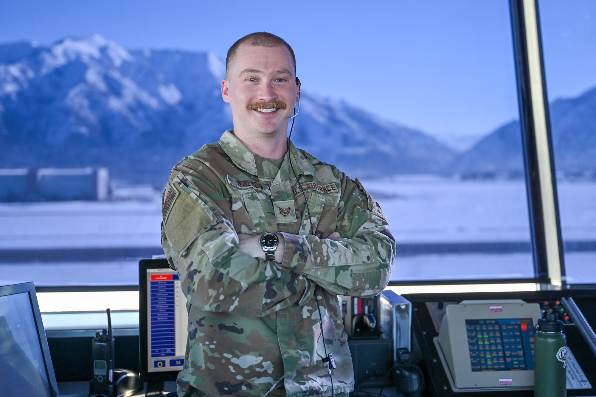 Staff Sgt. Harold Balcom, 75th Operations Support Squadron, poses in the flight tower Feb. 16, 2023, at Hill Air Force Base, Utah