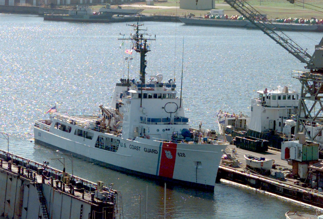 The U.S. Coast Guard Cutter Durable (WMEC 628) moored at the Coast Guard shipyard