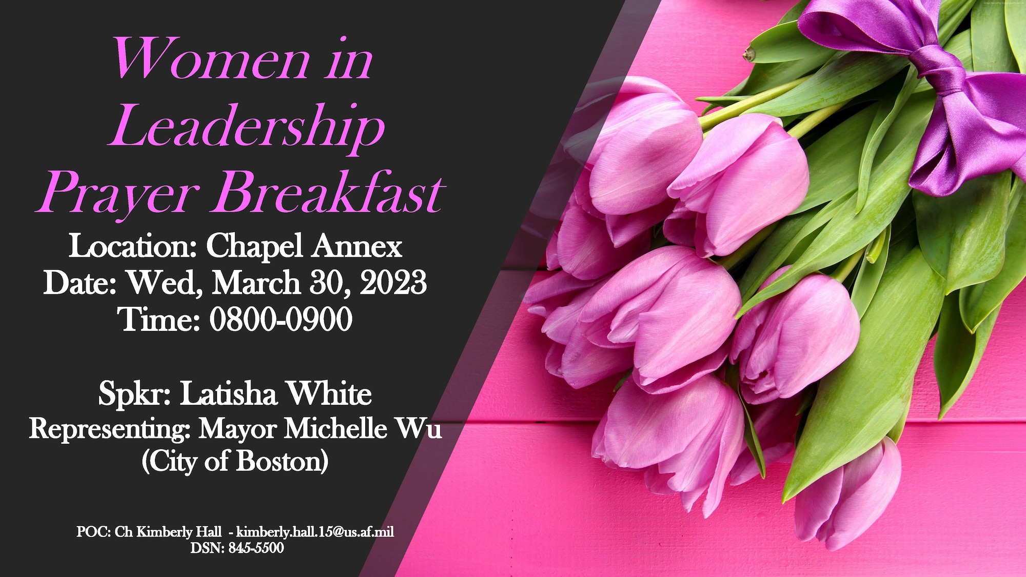 The Hanscom Air Force Base, Mass., Chapel will host a Women in Leadership Prayer Breakfast at the installation chapel annex March 29 beginning at 8 a.m. The event will honor Women’s History Month as well as the 2023 theme of “Celebrating Women Who Tell Our Stories.” (Courtesy Graphic)