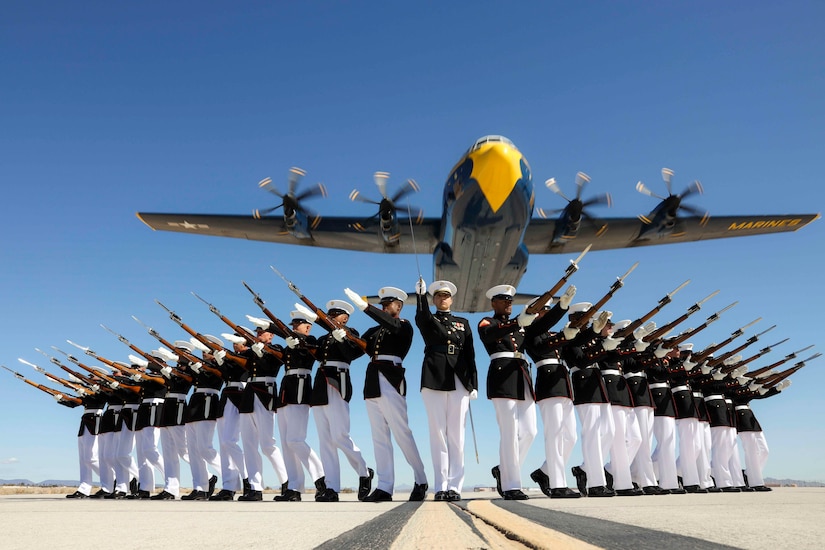 Marines stand in formation holding out rifles as an aircraft flies above.